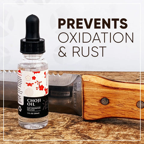 Choji Oil Tool Cleaning Kit For Knife And Sword Care With Rust Eraser And Lint Free Cloth Included, bottle next to knife.