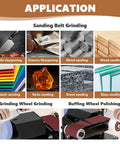 Heavy Duty Badass Mini Belt Sander And Bench Grinder Combo With 13 Inch Belt application collage showcasing wood, metal, and glass sanding.