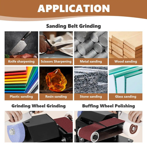 Heavy Duty Badass Mini Belt Sander And Bench Grinder Combo With 13 Inch Belt application collage showcasing wood, metal, and glass sanding.
