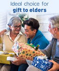 Elderly couple with a young man holding gift-wrapped boxes, smiling at each other, in a cozy setting, titled 'Ideal choice for gift to elders'.