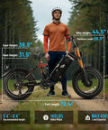 Ripping Through Dirt On This Badass 5400W Dual Motor Electric Fat Tire Bike For Adults showing dimensions and features in a forest setting.