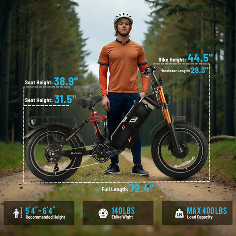 Ripping Through Dirt On This Badass 5400W Dual Motor Electric Fat Tire Bike For Adults showing dimensions and features in a forest setting.