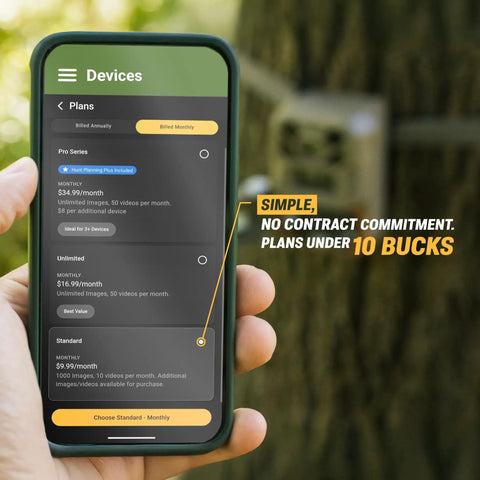 Smartphone displaying plans for Edge 2 Cellular Trail Camera With Nationwide 4G LTE Auto Connect.