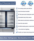 54 Inch Wide Commercial Reach In Display Refrigerator Featuring Dual Tempered Glass Doors, stainless steel with shelves.