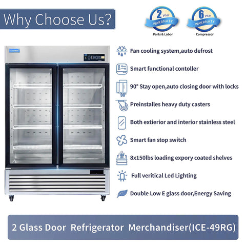 54 Inch Wide Commercial Reach In Display Refrigerator Featuring Dual Tempered Glass Doors, stainless steel with shelves.