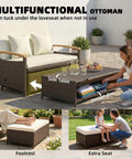 Rattan Outdoor Daybed With Storage Ottoman And Four In One Functionality Adjustable Backrest In Four Positions Folding Side Trays Acacia Wood Armrests Double Sun Lounger With Cushions And Pillows Beige.