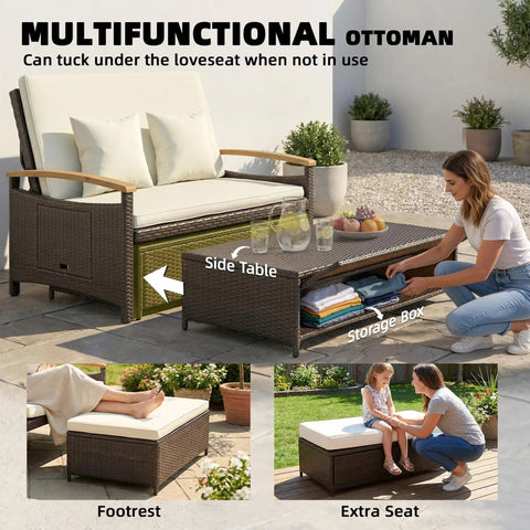 Rattan Outdoor Daybed With Storage Ottoman And Four In One Functionality Adjustable Backrest In Four Positions Folding Side Trays Acacia Wood Armrests Double Sun Lounger With Cushions And Pillows Beige.