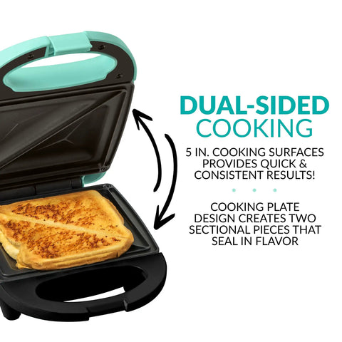 Chill Mint Green MyMini Personal Sandwich Maker Panini Press showing dual-sided cooking with grilled sandwich in view.