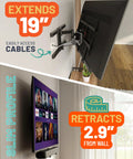 Heavy Duty Full Motion TV Wall Mount Bracket For Flat Screens Up To 82 Inches With Smooth Gliding Extension Swivel And Tilt showcasing 19" extension and 2.9" retraction.
