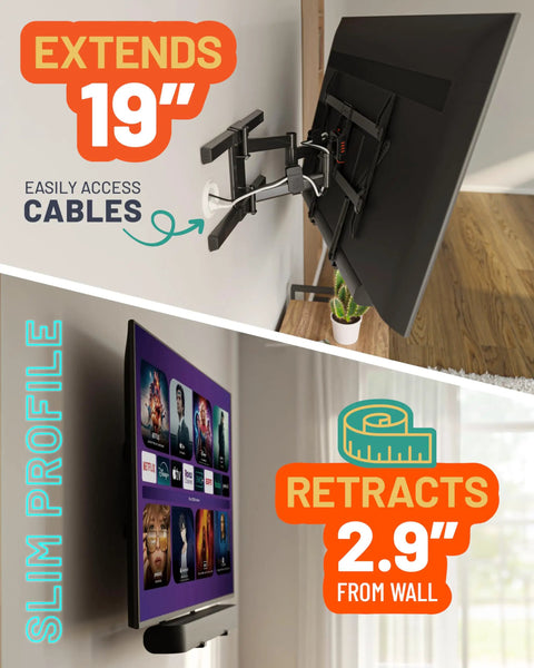 Heavy Duty Full Motion TV Wall Mount Bracket For Flat Screens Up To 82 Inches With Smooth Gliding Extension Swivel And Tilt showcasing 19" extension and 2.9" retraction.