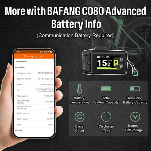 Can Protocol E Bike Display DPC080 1.9 Inch TFT Screen For Mid Drive Motors With CAN Bus 5 Pin Triangle Connector shown with app interface