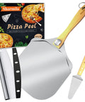 12 Inch Aluminum Pizza Peel with Foldable Wooden Handle, Rocker Cutter, and Metal Spatula for Home Oven Use
