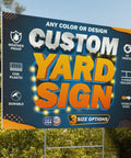 Pack Of 10 Custom Yard Signs Upload Your Design In 3 Sizes With 35 Backgrounds And 20 Fonts Double Sided Durable 4mm Coroplast DIY Yard Sign With H Stake Real Estate Signage displayed outdoors with size options shown.