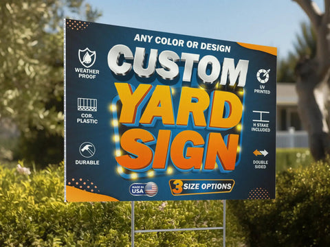 Pack Of 10 Custom Yard Signs Upload Your Design In 3 Sizes With 35 Backgrounds And 20 Fonts Double Sided Durable 4mm Coroplast DIY Yard Sign With H Stake Real Estate Signage displayed outdoors with size options shown.