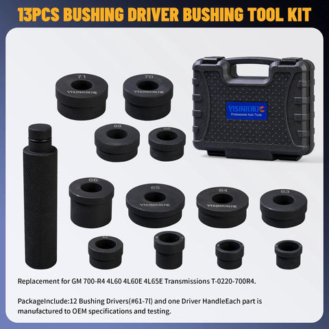 13-piece Pro Transmission Bushing Driver Kit For GM 700R4 4L60 4L60E 4L65E Transmissions with case and knurled handle.