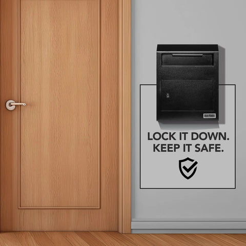 Beefy Heavy Duty Steel Wall Mount Drop Box Deposit Safe 12 By 4 By 15 Inches for Mail Checks Keys Cash and More, installed indoors.