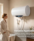 Rock Solid Seventy Liters Electric Tank Water Heater Kick Some Serious Heat With Wall Mount Bracket straight out the box installed in a bathroom setting.