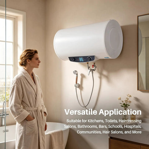 Rock Solid Seventy Liters Electric Tank Water Heater Kick Some Serious Heat With Wall Mount Bracket straight out the box installed in a bathroom setting.