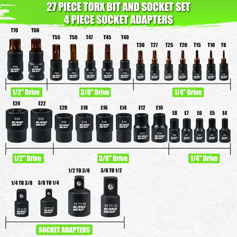 Beefy 60 Piece Master Torx Socket Set With External Torx Sockets And Bit Sockets In S2 Alloy Steel For Auto Repair Pro Grade layout