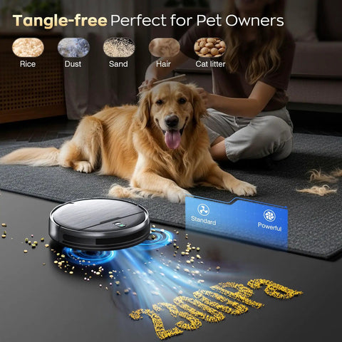 2 In 1 Robot Vacuum And Mop With WiFi App Control cleaning pet hair on carpet next to a pet-friendly home setup, includes smart controls.