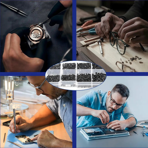 Tiny Micro Repair Screws Set In Black Carbon Steel M1 To M1.7 for Eyeglasses, Watches, Clocks, Mobile Phones in use and clear box