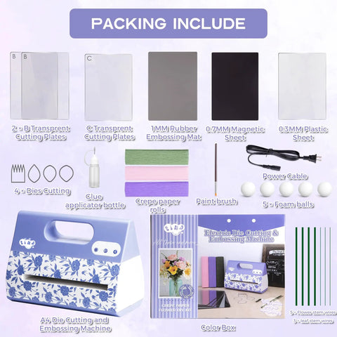 Included items with Portable Automatic A4 Die Cutting Machine With 9 Inch Embossing Kit For Card Making And Crepe Paper Flower Making Plug And Play Electric Craft Tool 110V US Plug All In One Die Cutter For Scrapbooking And Diy Projects