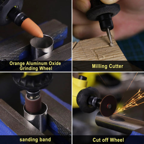 Close-up of 619 Piece Rotary Tool Accessories Kit With One Eighth Inch Shanks in use with grinding wheel, milling cutter, sanding band, and cut-off wheel.