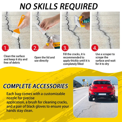Instructions on using Heavy Duty Concrete Crack Filler And Cement Repair Paste With Self Leveling Formula for surface repair.