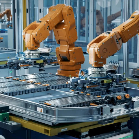 Robotic arms assembling components in a factory, illustrating use of 10 Pack Micro Limit Switches KW12 KW11 With Hinge Lever Actuator 1NO+1NC.