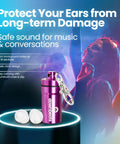 Dope Concert And Festival Ear Plugs With High Fidelity Sound Filters Clear Discreet Design Up To 18dB Noise Reduction shown with purple aluminum case.