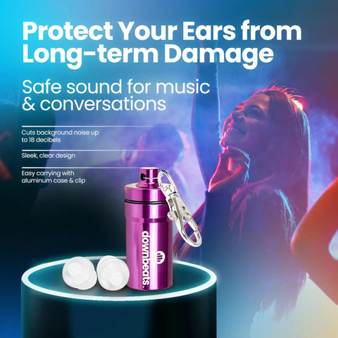 Dope Concert And Festival Ear Plugs With High Fidelity Sound Filters Clear Discreet Design Up To 18dB Noise Reduction shown with purple aluminum case.
