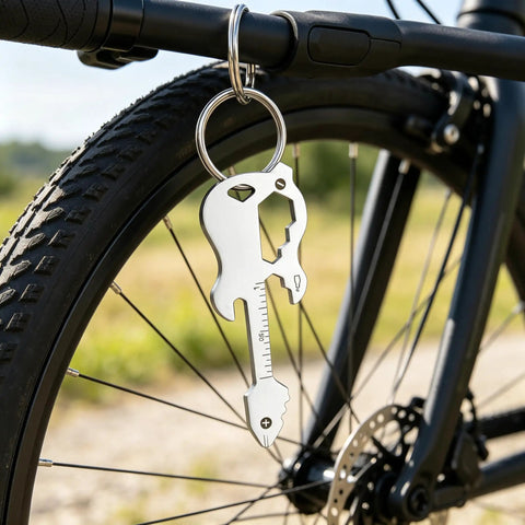 12 In 1 Guitar Themed Keychain Multi Tool With Bottle Opener Screwdrivers Hex Keys And Bike Spoke Wrench hanging on bike