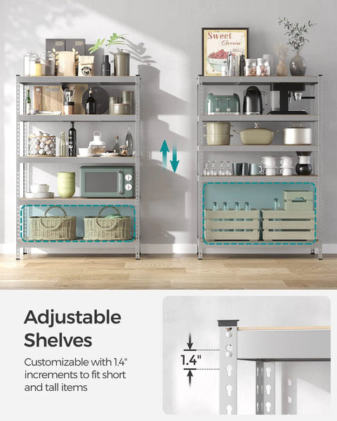 Heavy Duty Five Tier Steel Storage Shelves Packed With Solid Four Hundred Sixty Two Lb Per Shelf Capacity No Sweat Boltless Setup Adjustable Rack For Garage Shed Real Deal Steel Rack Silver Beige Accent