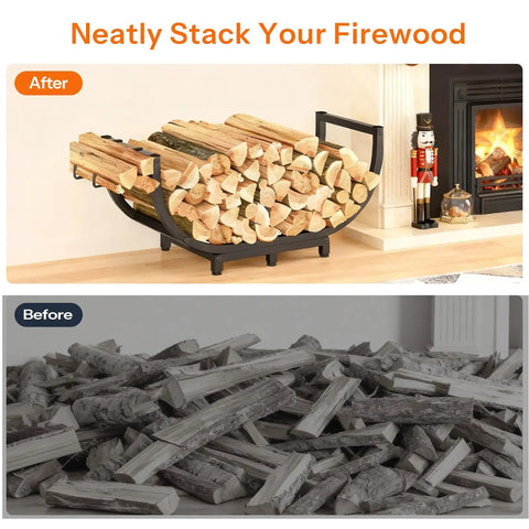 Sturdy Steel Firewood Rack for Indoor and Outdoor Use 32 Inch Log Holder with Tool Hook by a fireplace, modern design.