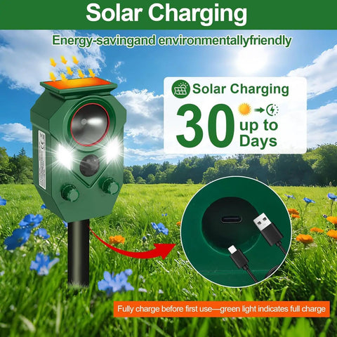 Outdoor Ultrasonic Animal Repeller With PIR Motion Sensor And Flashing Light Solar Powered Yard Guard Deterrent For Deer Rabbits Squirrels Raccoons Skunks And Dogs IP65 Waterproof One Pack, solar charging view