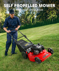 Gas Lawn Mower 22 Inch Self Propelled With Three In One Mulching System ReadyStart Briggs And Stratton 150cc Engine Rear Wheel Drive Durable Steel Deck Six Cutting Heights For Easy Yard Care on sloped grass