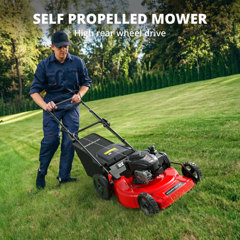 Gas Lawn Mower 22 Inch Self Propelled With Three In One Mulching System ReadyStart Briggs And Stratton 150cc Engine Rear Wheel Drive Durable Steel Deck Six Cutting Heights For Easy Yard Care on sloped grass