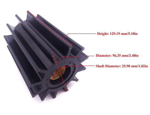 Neoprene Water Pump Impeller 09 820B dimensions; 12 blade marine engine cooling, 96.35mm diameter, 129.19mm height, 25.90mm shaft