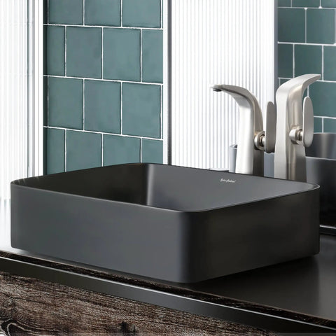 Concorde Rectangle Ceramic Vessel Sink Matte Black For Above Counter Install Scratch Resistant Nonporous Ceramic Modern Bathroom Upgrade No Faucet Included Durable Easy Clean Dope Statement Piece in modern bathroom setting.