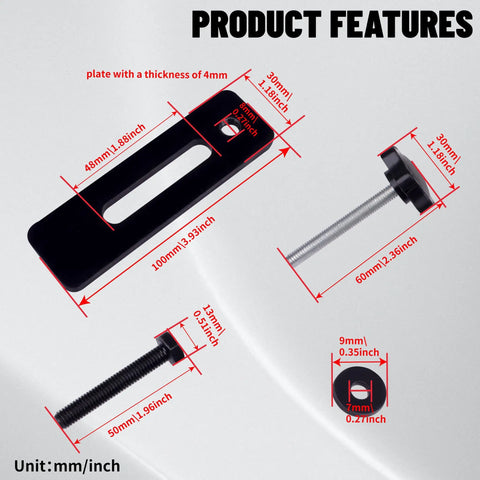 Dimensions of 4 Pack 100x30mm Pressure Plate Clamps With M6 And M8 Screws For Small Woodworking Engraving Machines And Mini CNC Milling Tables 4540 Iron Fixture Fastening Tool shown with measurements in mm and inches