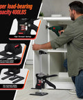 Drywall lifter and furniture jack tool, black steel with red springs, 12-inch lift, 400 lb capacity.