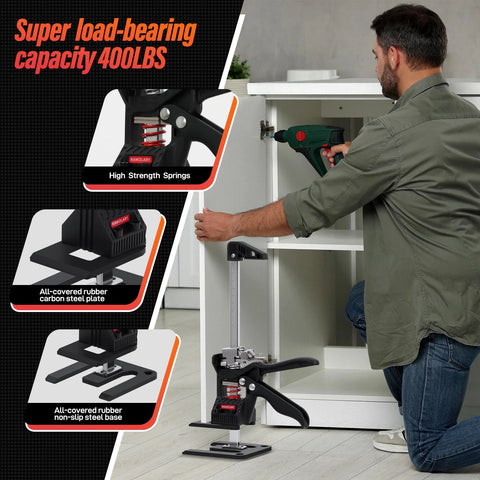 Drywall lifter and furniture jack tool, black steel with red springs, 12-inch lift, 400 lb capacity.