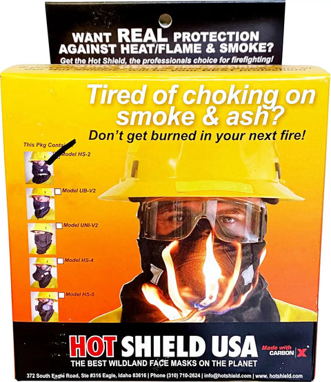 HS-2 Heat Shield For Face And Neck Burn Protection For Wildland Firefighters packaging showing product benefits.