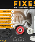 Dryer Repair Kit With Drive Belt Idler Pulley And Drum Roller Set For Cabrio Duet Style Dryers DIY Easy Install and parts shown