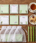 Majiang Themed Gift Set With Panda Bamboo Sticky Notes And Pens 24 Self Adhesive Notepads in White and Green Chinoiserie Design