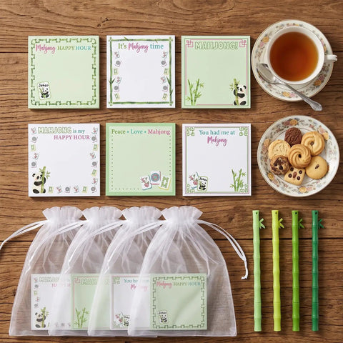 Majiang Themed Gift Set With Panda Bamboo Sticky Notes And Pens 24 Self Adhesive Notepads in White and Green Chinoiserie Design