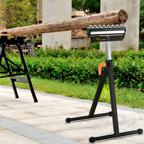 Three In One Roller Stand For Woodworking With 132 Lb Load Capacity And Outfeed Roller in outdoor use with large wooden log
