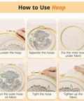 Step-by-step guide using the No Fuss Easy Starter Punch Needle Kit for Adults With Highland Cow Design, showing hoop use on fabric.