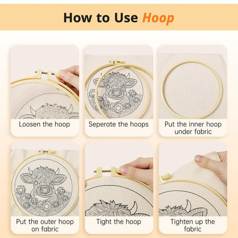 Step-by-step guide using the No Fuss Easy Starter Punch Needle Kit for Adults With Highland Cow Design, showing hoop use on fabric.