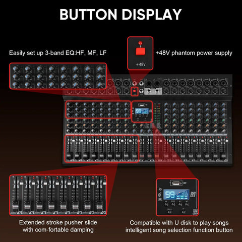 16 Channel Pro Audio Mixer For Live Sound And Studio DJ Performances With Bluetooth USB Recording 99 DSP Effects 48V Phantom Power